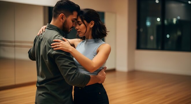 Romantic young couple dancing slowly together in a bright studio with soft natural evening light