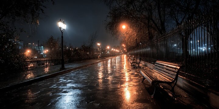 Rainy Night Walk - Reflections and City Lights in the Dark.