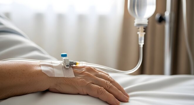Elderly patient hand with intravenous drip line connected to a catheter in a hospital room setting
