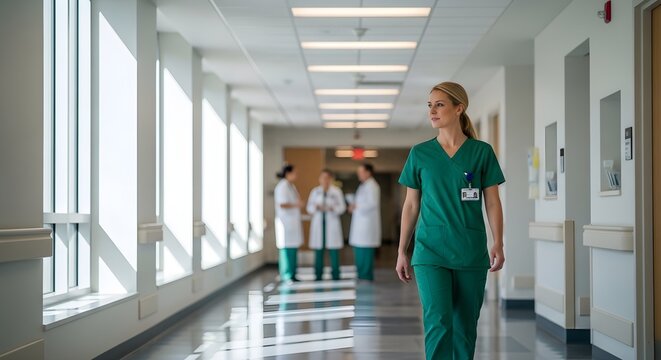 Professional female nurse in green scrubs walking down a bright modern hospital corridor during shift