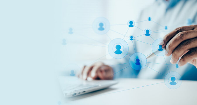 Organizational network structure with connected people icons on digital interface, showing team collaboration, stakeholder mapping, social graph, and business communication on copy space background