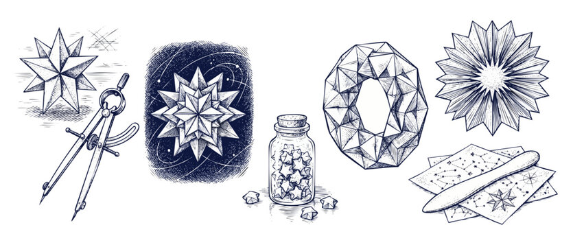 Celestial geometry vintage engraving set featuring hand drawn stars, navigation compass, origami star jar, crystal ring, and constellation maps for esoteric alchemy design projects. Sacred symbols.