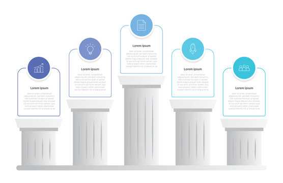 A professional infographic showing 5 distinct pillars arranged to visually represent a clear 5-step process, ideal for illustrating business strategies, growth concepts.