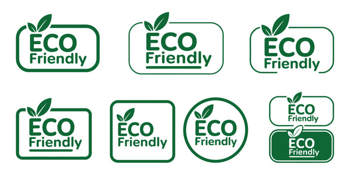 Eco friendly icon set featuring organic food labels, ecological stamps, sustainable product badges, and environmentally conscious symbols for green branding.