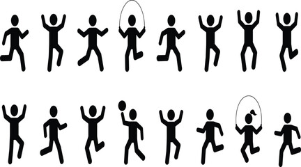 Stick figure active people jumping and exercising silhouette icon set with running rope skipping dancing and fitness workout poses. © KOSAKA