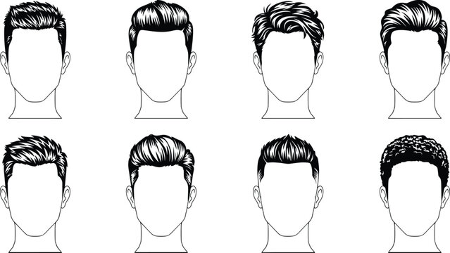 Men hairstyle and haircut vector illustration collection featuring various modern male hair trends styles and barber shop model faces.