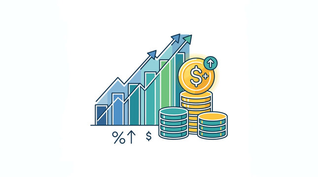 Financial Growth and Investment Success: Upward Trend Graph and Stacked Coins
