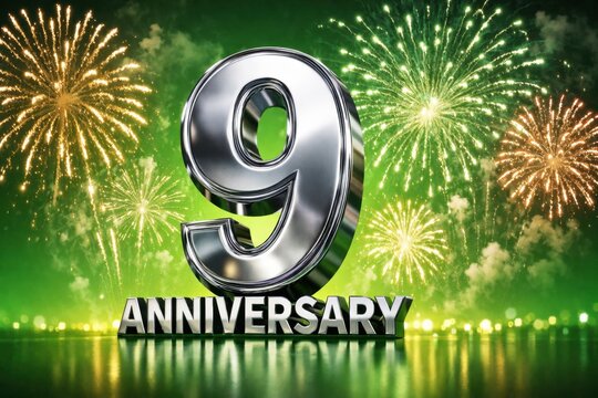 Silver 9 anniversary celebration with fireworks and glowing green festive background for party event