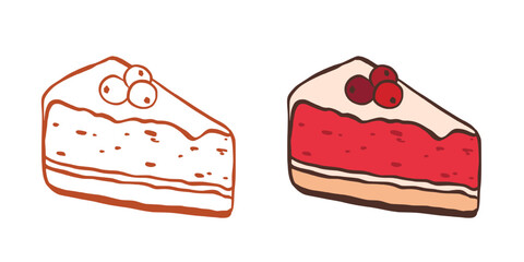 Slice of cranberry pie. Colored version and doodle style of sweet pastry. Piece of homemade berry cake. Vector graphic © Iry