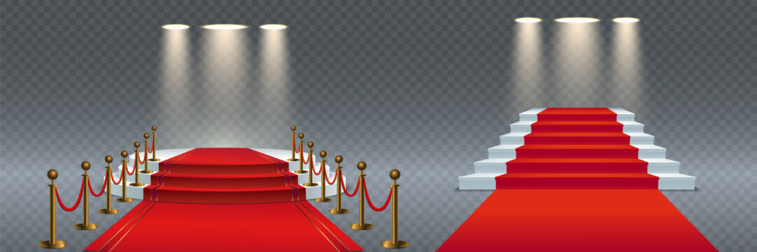 Red carpet leading up stairs with golden stanchions and spotlights on a transparent background