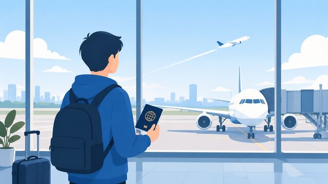 Traveler holding a passport and looking at airplanes at the airport terminal with a city skyline in the background.