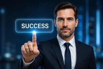 Obraz premium A confident businessman in a sleek suit presses a glowing virtual SUCCESS button on a futuristic screen, evoking strong feelings of determination, achievement, and visionary leadership.