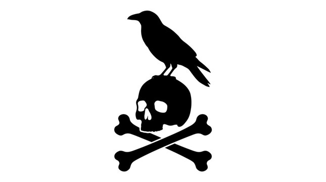 Black crow on skull bones symbol.