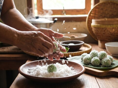 Traditional Indonesian Klepon Cake Preparation with Grated Coconut