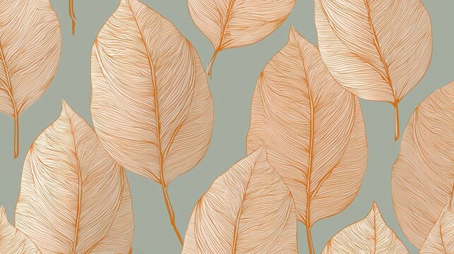 Tileable seamless leaf pattern with pale orange veined hand drawn foliage and stems on muted greenish gray backdrop, staggered overlapping earthy soft toned botanical illustration