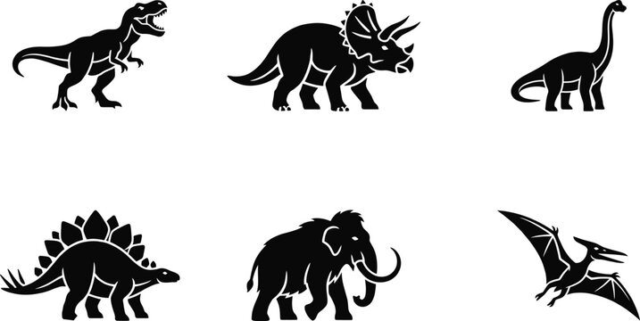 Stylized Dinosaur Prehistoric Creatures Black Glyph Icons Vector Set
