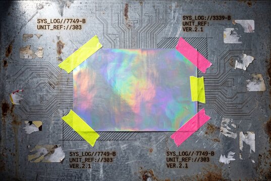 Iridescent holographic foil attached with neon tape on weathered galvanized metal surface with circuit board engravings and technical codes, cyberpunk copy space mockup
