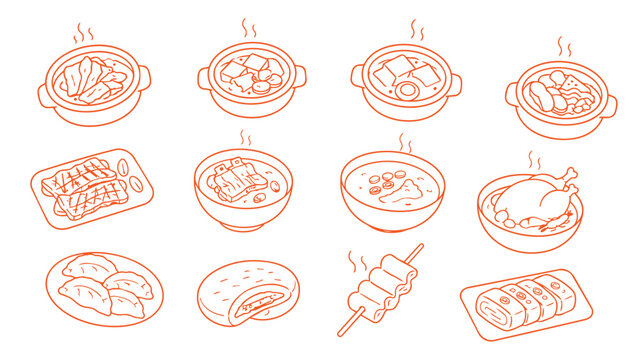 Korean food icon set in clean black monoline vector style, featuring soups, stews, grilled meat, dumplings, hotteok, fish cake, and egg roll, isolated on white for menu, restaurant, and food designs.