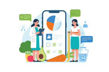 Fototapeta premium Doctors and dietitian discussing health app on mobile phone