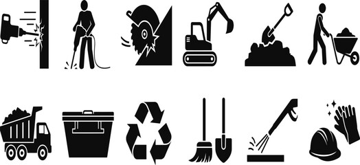 Construction and site work icon set vector illustration with workers excavator dump truck wheelbarrow shovel recycling bin helmet and tools for industrial design. © KOSAKA