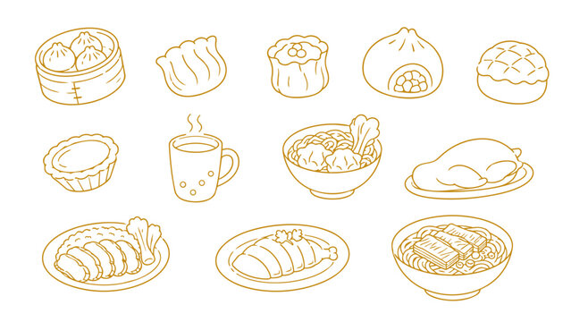 Hong Kong food icon set with dim sum, egg tart, milk tea, wonton noodles, roast goose, char siu rice, soy sauce chicken and beef brisket noodles in clean monoline vector style.