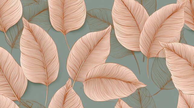 Tileable seamless leaf pattern with pale orange veined hand drawn foliage and stems on muted greenish gray backdrop, staggered overlapping earthy soft toned botanical illustration