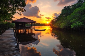 Fototapeta premium Stilted wooden house sunset river mangrove reflection dock boat tropical landscape water