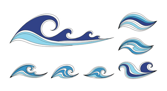 Collection of stylized ocean waves with dynamic curls in various shades of blue over a white background.
