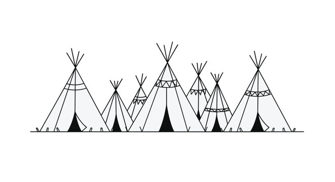 Neat row of traditional native american teepee tents with simple geometric patterns in black and white line art.