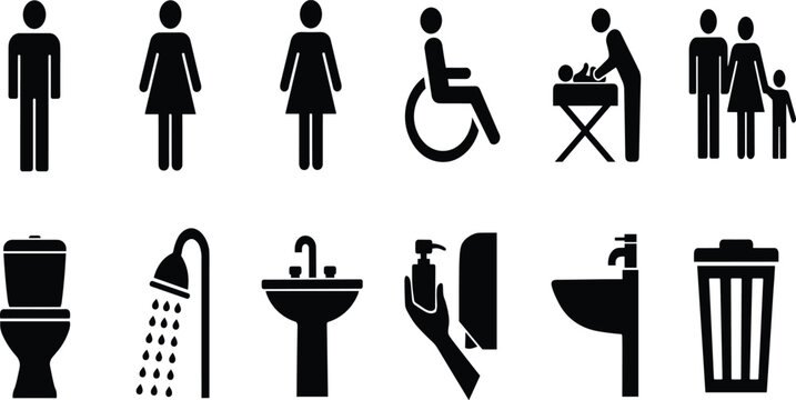 Restroom and bathroom pictogram icon set vector illustration with man woman wheelchair disability family toilet shower sink soap dispenser and trash bin for public signage design.