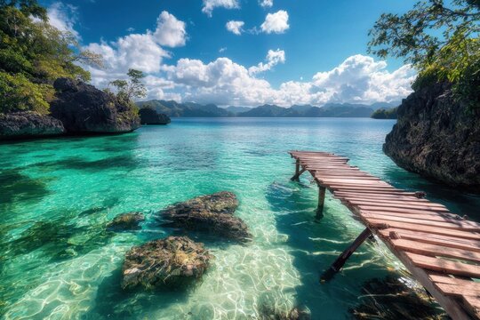 Tropical cove clear water turquoise water wooden pier rocky coast blue sky cloud lagoon island seascape tropical cove bay ocean water clear turquoise wooden pier rock coast sky cloud island