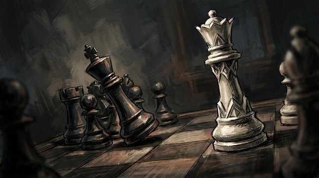 Dramatic Chess Battle Illustration with Cinematic Smoke and Lighting