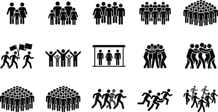 People and crowd stick figure icon set vector illustration with family group audience running walking hugging and demonstration for social community design.
