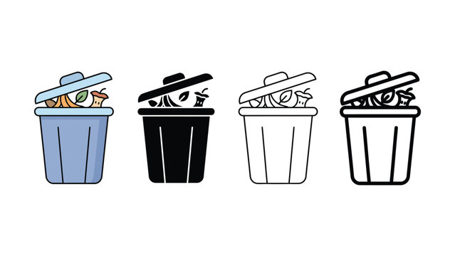 Four different colored trash cans with lids on white background  waste management bins