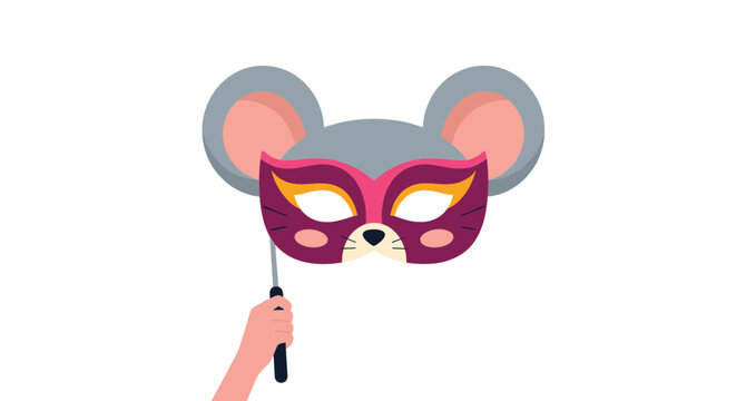 Small hand holding a colorful purple and pink mouse masquerade mask on a stick isolated on white background.