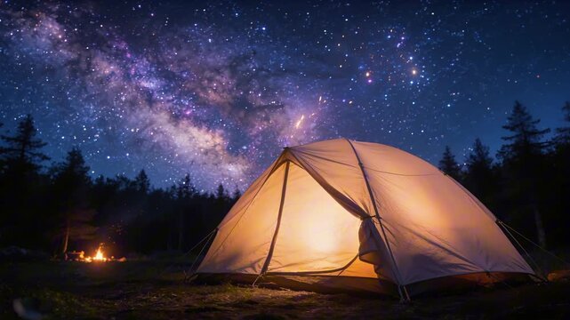 nighttime campsite beneath detailed milky way sky with glowing empty tent and large celestial space perfect for Camping and Outdoor Adventure