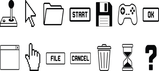 Retro computer icon set vector illustration with cursor folder joystick gamepad floppy disk window and hourglass for old pixel interface design. © KOSAKA