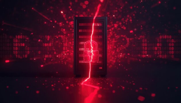 Server hardware unit surrounded by digital red electricity spark effects and binary data streams with technology electricity computing security hardware infrastructure connection information