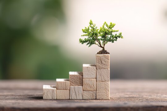 Miniature tree on top of wooden blocks in the shape of stairs, symbol of gradual growth and business development