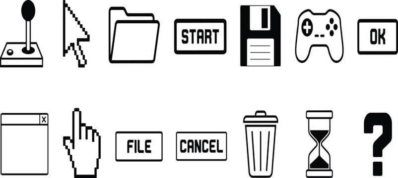 Retro computer icon set vector illustration with cursor folder joystick gamepad floppy disk window and hourglass for old pixel interface design.