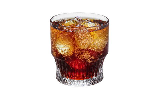 Glass of cola with ice cubes and bubbles