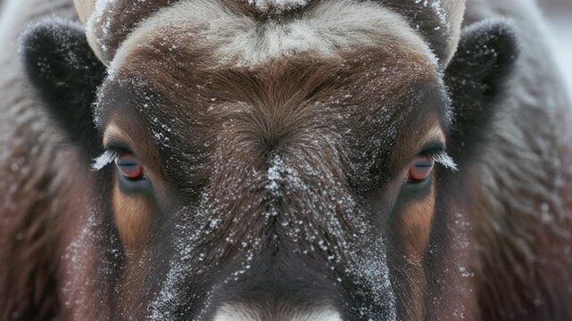 Majestic muskoxen with calves in extreme arctic winter weather