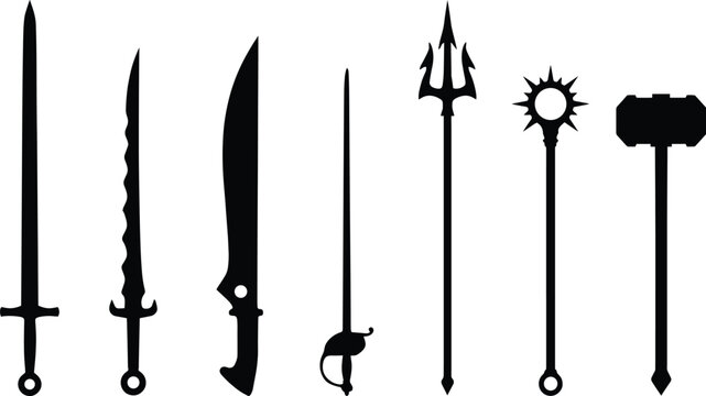 Sword and ancient medieval weapon silhouette icon set featuring daggers trident mace rapier and war hammer for gaming design elements.