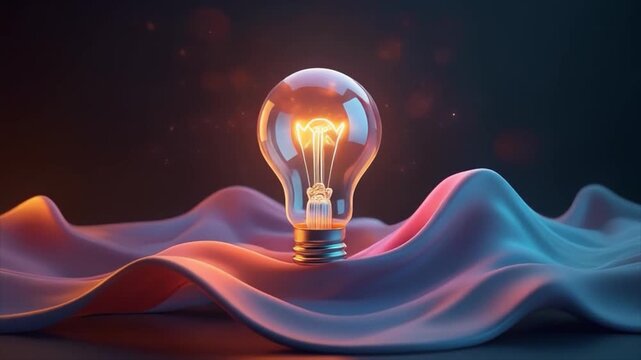 Glowing Incandescent Light Bulb Resting on Flowing Fabric with Sparks filament