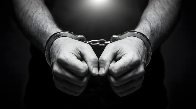 Prisoner stands with their hands bound together by steel handcuffs in a dark environment that emphasizes the loss of freedom and the weight of legal consequences.