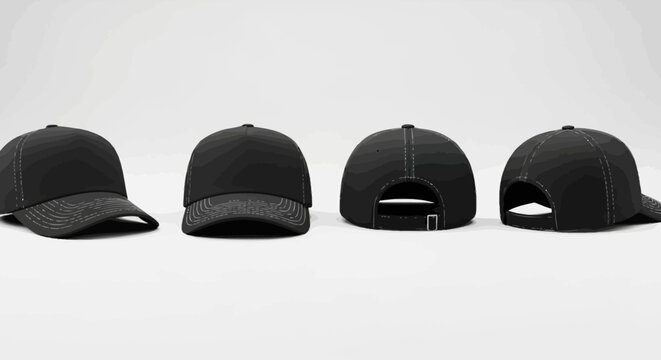 Black baseball cap mockup set, blank headwear vector template from multiple angles, realistic 3D sport hat for branding and apparel design
