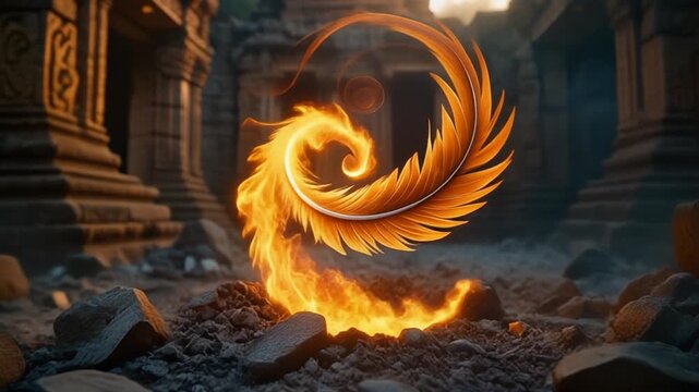 Mythical phoenix reborn from ashes in ancient temple ruins