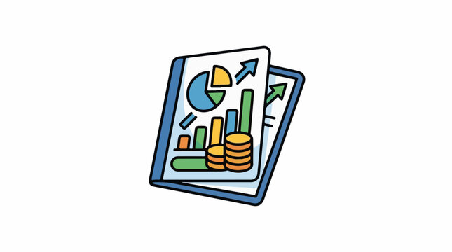 Colorful infographic on two overlapping pages with coins, bar graphs