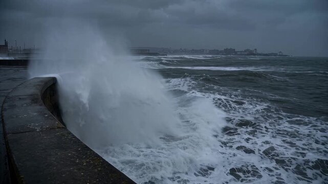 Curved Seawall Wave Deflection Vertical Spray