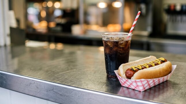 Classic Ballpark Hot Dog and Soda on Counter &ndash; Perfect for Sports Event Promotions